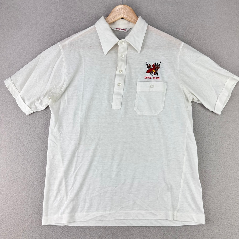 Vintage 70s Devil Pups Pocket Polo Shirt Men M White Paper‎ Thin Brian MacNeil
